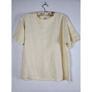 Diner Womens Textured Knit Short Sleeve Top Blouse Large Yellow Cotton Pullover